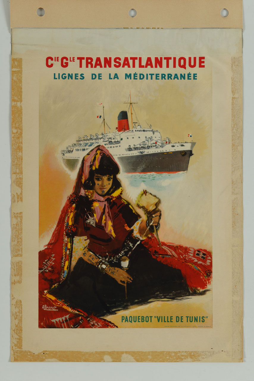 una donna tunisina in abito tradizionale fila, mentre alle sue spalle passa un transatlantico (manifesto) di Brenet Albert (sec. XX)