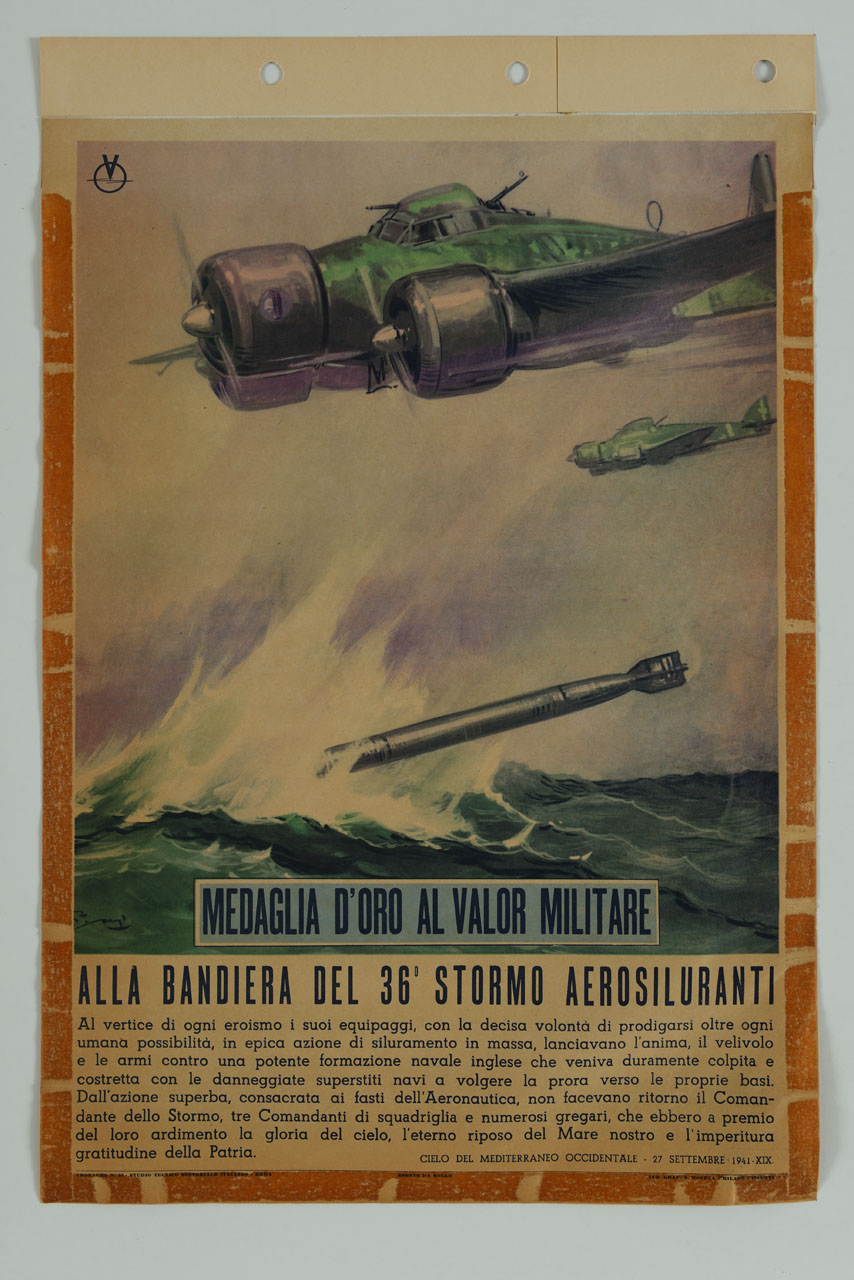 bombardieri aerosilurante Savoia-Marchetti S.M.84 impegnati nell'operazione contro la nave corazzata inglese HSM Nelson nel Mar Mediterraneo; quello in primo piano ha appena sganciato un siluro (manifesto) di Ferrini Renato (attribuito) - ambito italiano (sec. XX)