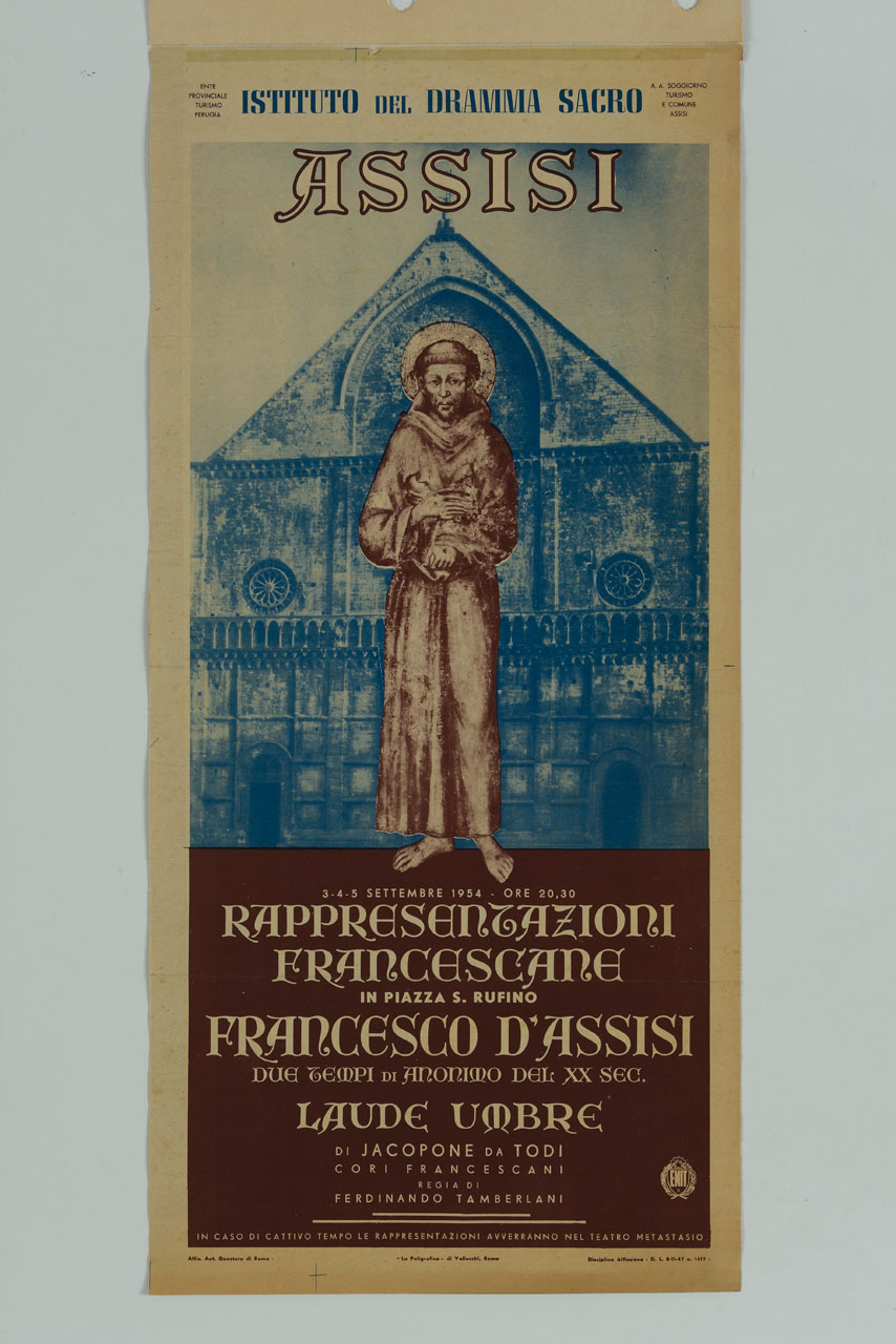 san Francesco d'Assisi di Cimabue davanti alla facciata della cattedrale di San Rufino ad Assisi (manifesto) - ambito italiano (sec. XX)