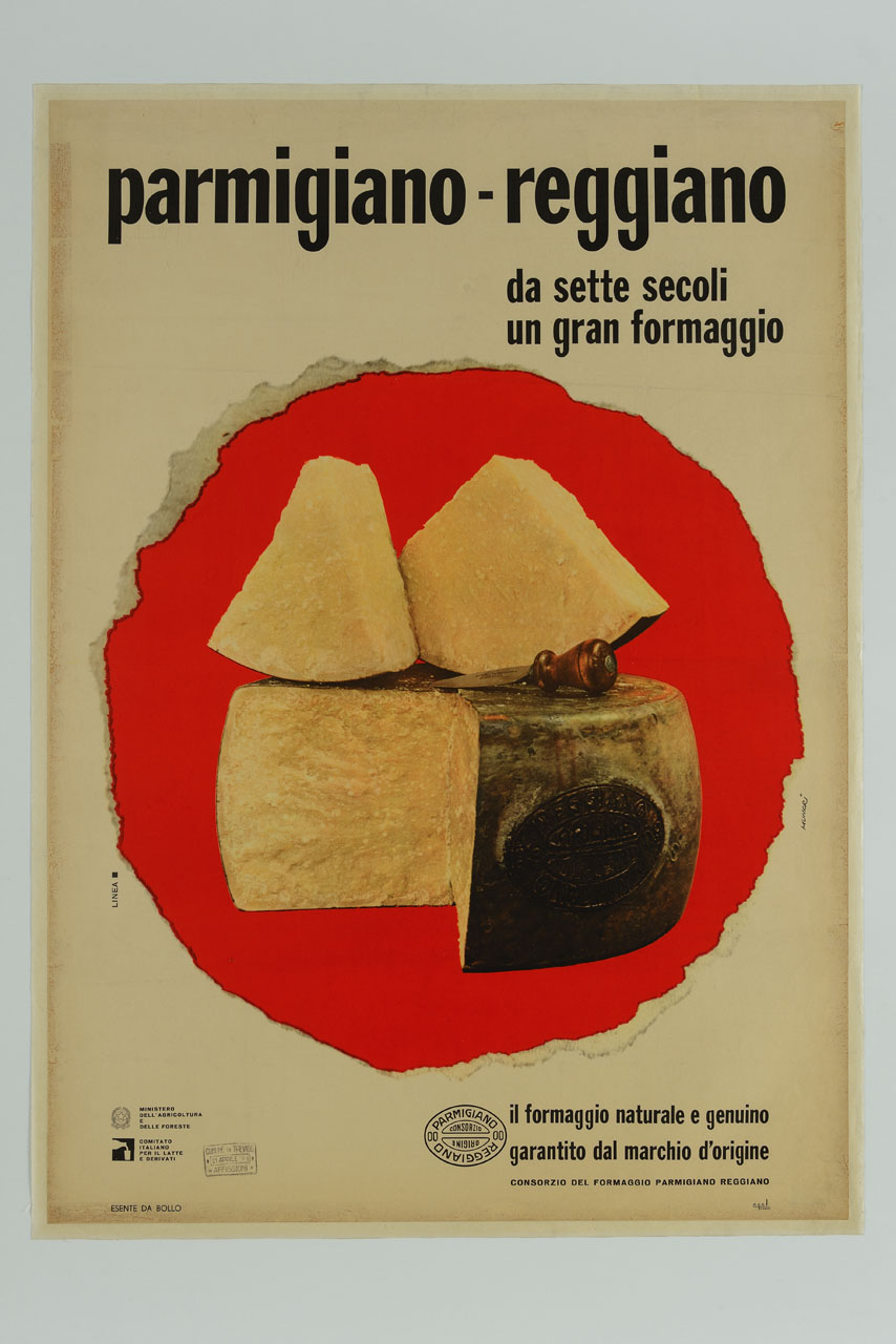 forma di parmigiano aperta con due pezzi sopra e un coltellino da formaggio (manifesto) di Munari Bruno (sec. XX)