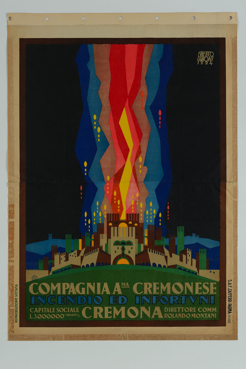 città con mura incendiata da cui partono fiamme rosse, gialle, azzurre e blu (manifesto) di Carboni Erberto detto Lince (sec. XX)