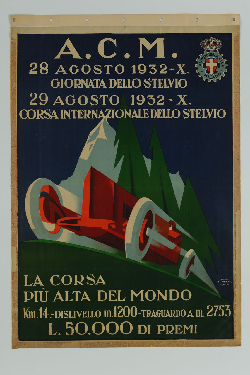 automobile in velocità nei pressi di una montagna innevata e di abeti (manifesto) - ambito italiano (sec. XX)