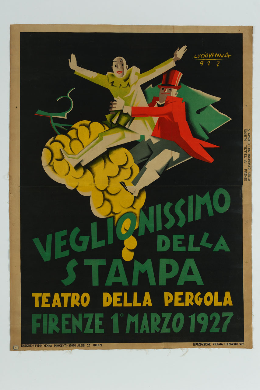 Pierrot e uomo con la tuba e frac cavalcano un grappolo di uva (manifesto) di Venna Lucio (sec. XX)