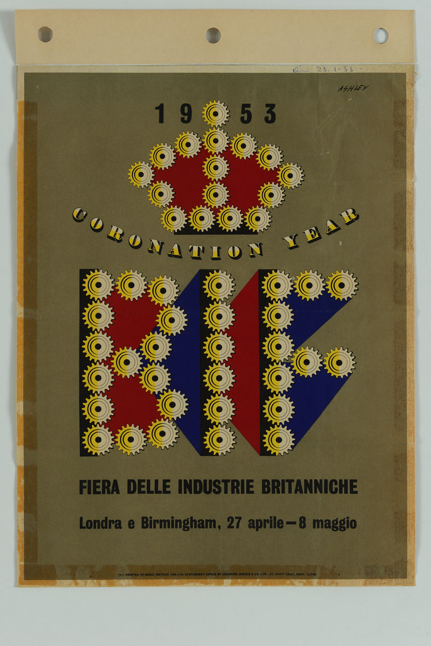 corona e sigla BIF composti con ruote dentate (manifesto) di Havinden Ashley Eldrid (sec. XX)