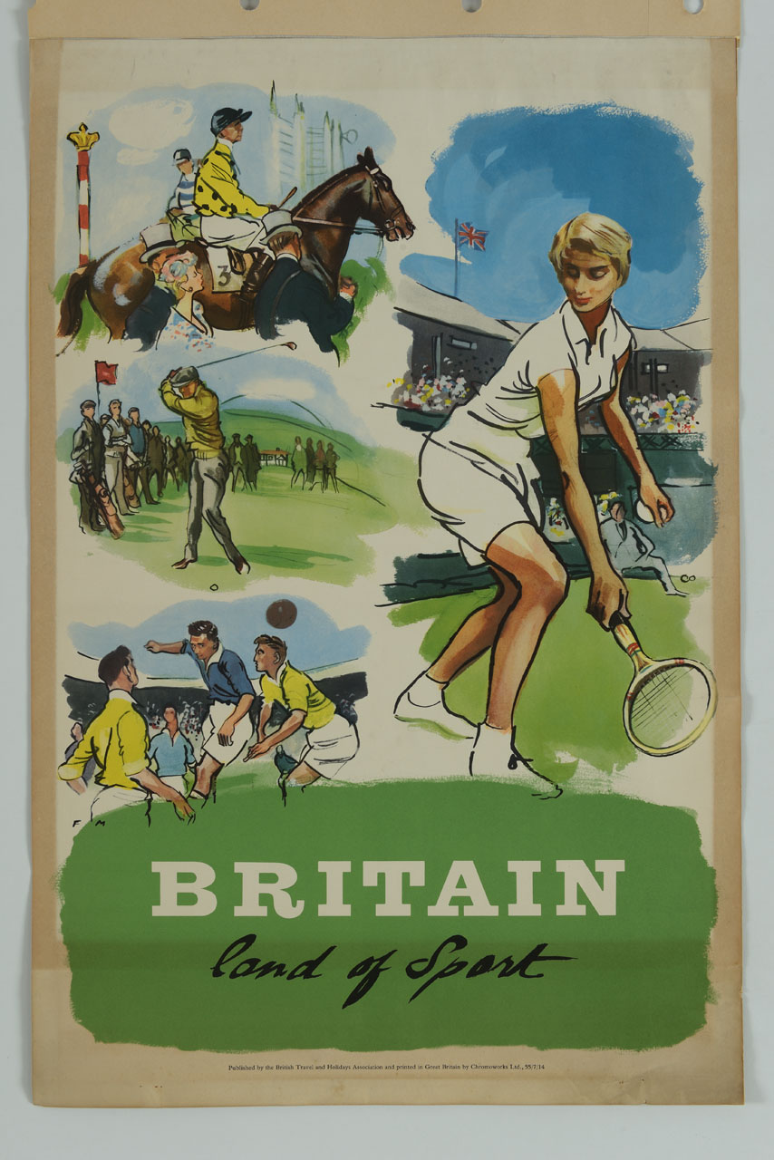 fantino a cavallo, tennista in campo, giocatore di golf e calciatori in azione (manifesto) - ambito inglese (sec. XX)