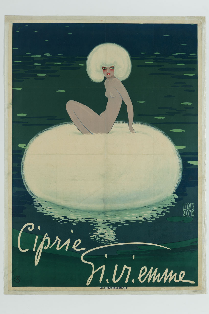 figura femminile con una capigliatura a piumino siede su un piumino galleggiante (manifesto) di Riccio Loris (sec. XX)