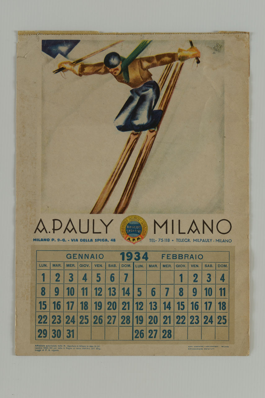 sciatrice scende in picchiata (calendario) di Veneziani Ubaldo Cosimo (sec. XX)