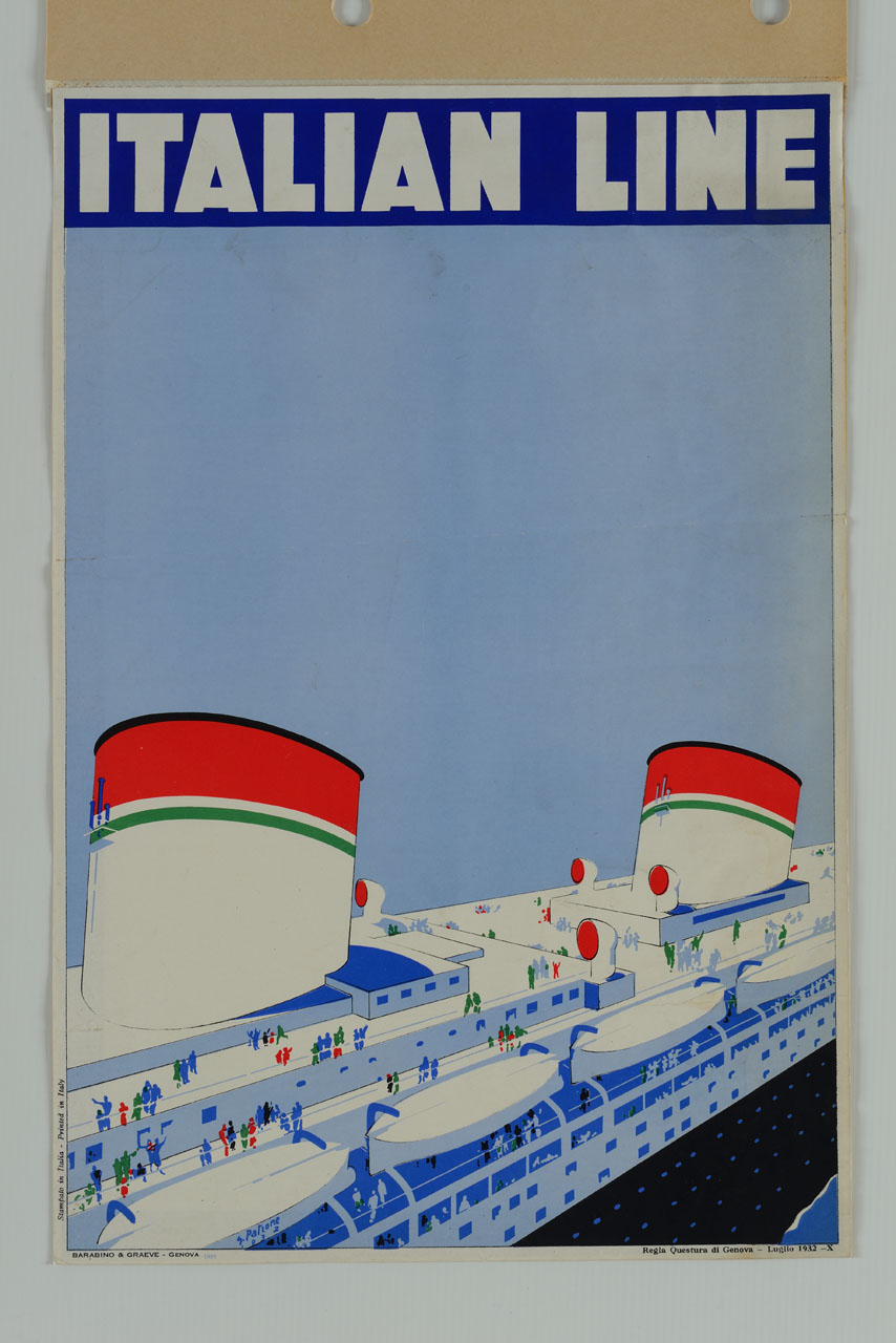 particolare di nave stilizzata in navigazione con passeggeri sui ponti (manifesto) di Patrone Giovanni (sec. XX)
