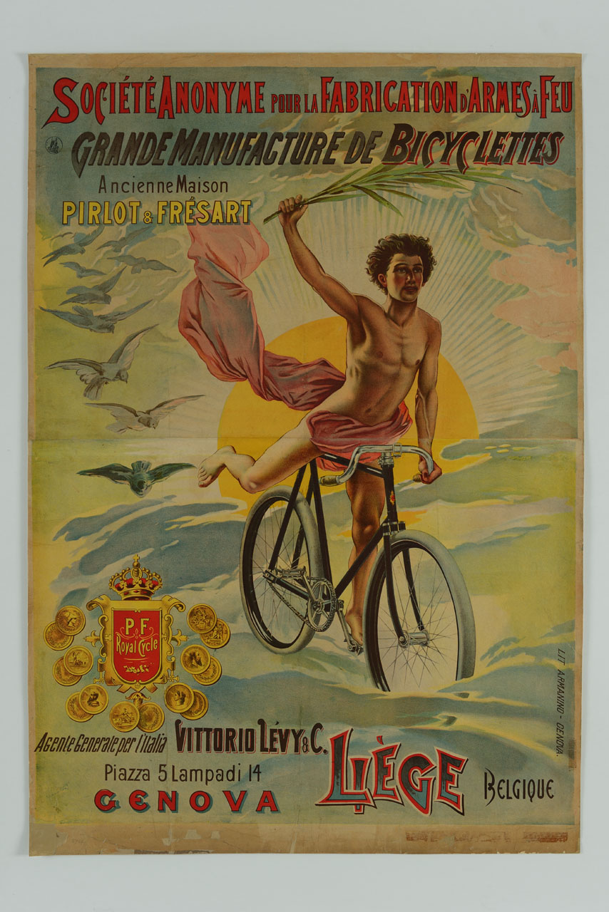 Apollo con ramo di palma in sella a una bicicletta su nubi seguito da uno stormo di colombe (manifesto, stampa composita) - ambito europeo (fine sec. XIX)