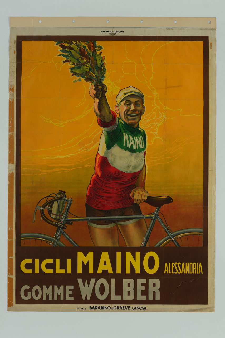 Costante Girardengo con la maglia tricolore tiene la bicicletta da corsa e mostra il mazzo d'alloro del vincitore (manifesto) - ambito italiano (sec. XX)