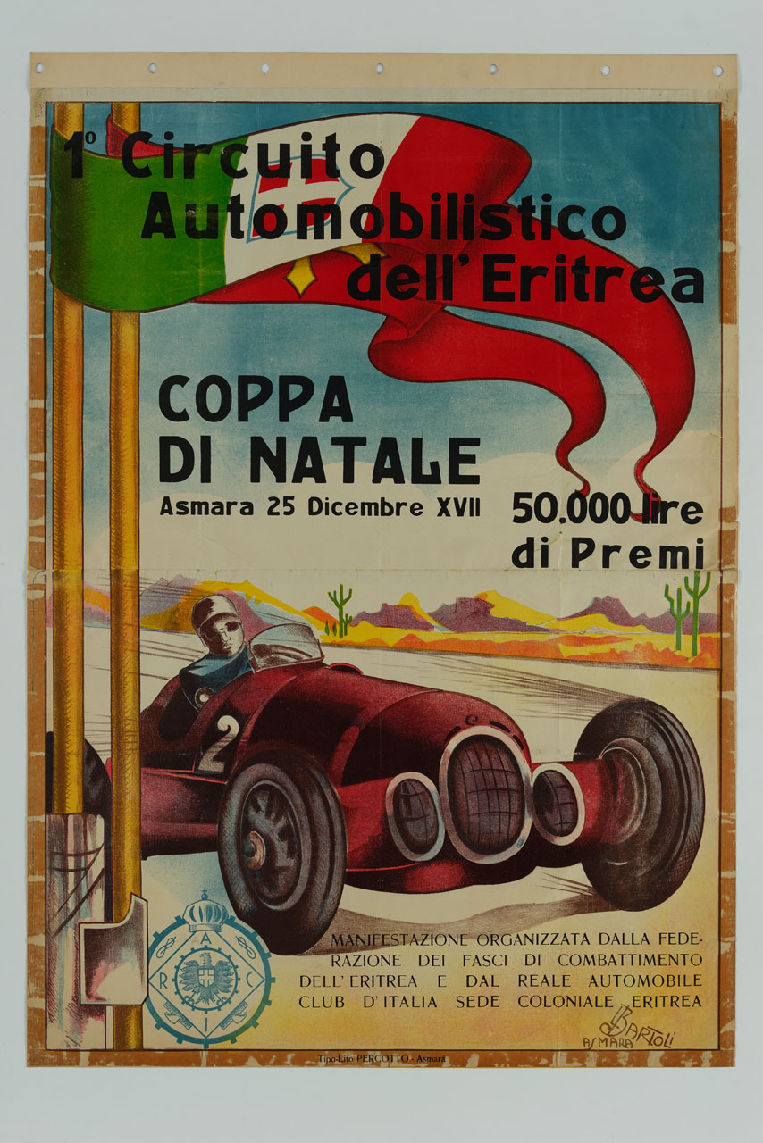 fascio littorio e bandiere e automobile da corsa in un paesaggio desertico (manifesto) di Bartoli L (sec. XX)
