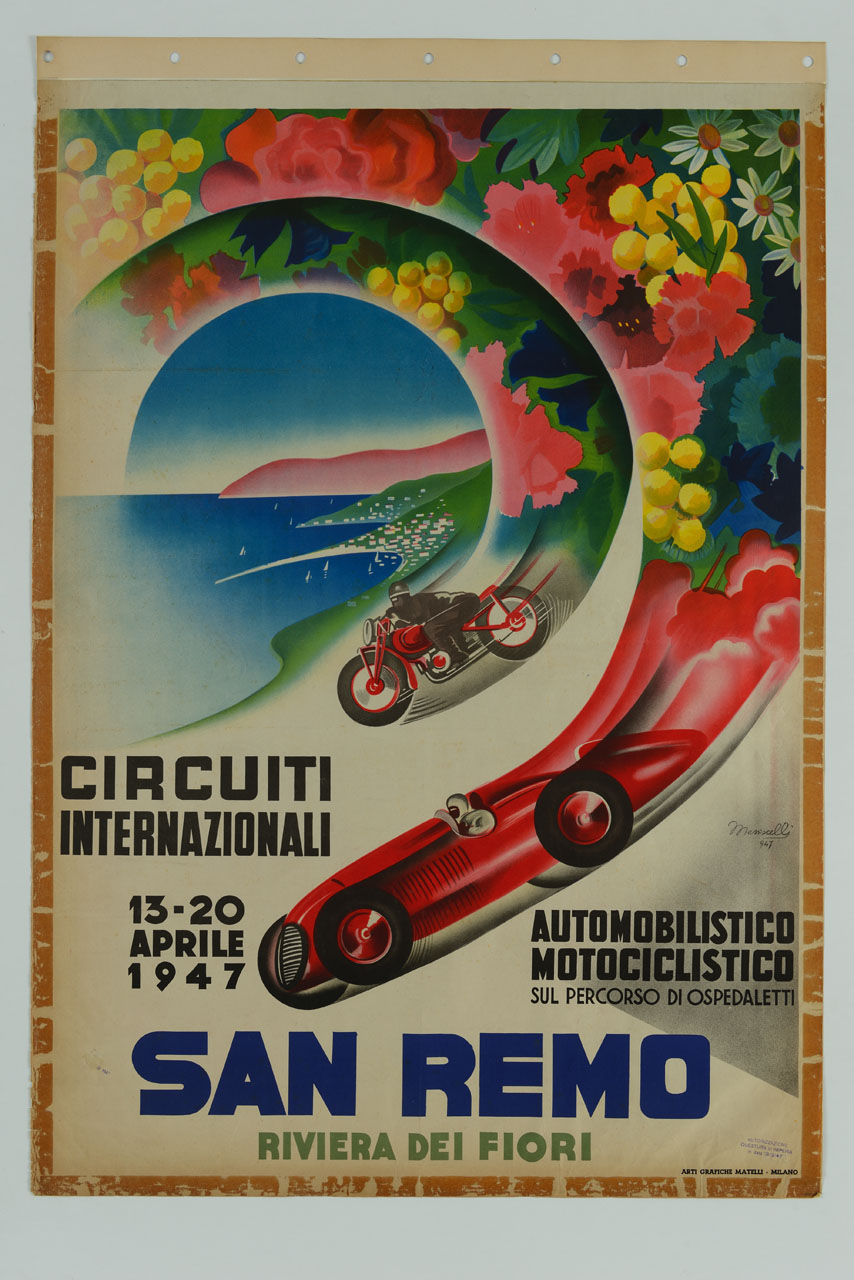 automobile e motocicletta da corsa sfrecciano in una spirale di fiori sullo sfondo di una marina (manifesto) di Messiscelli (sec. XX)