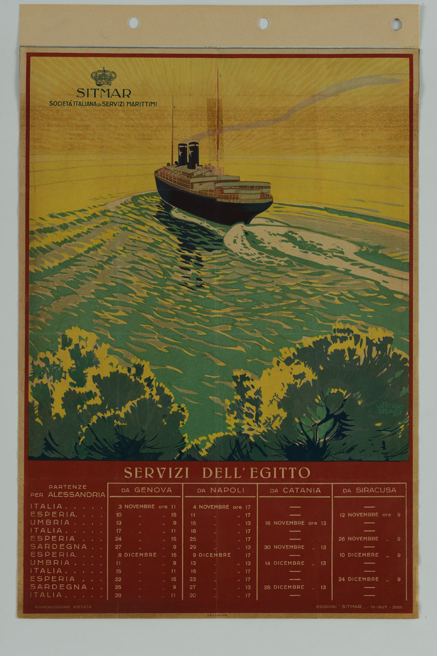 veduta con alberi, mare e nave in navigazione (manifesto) di Grassi Vittorio (sec. XX)