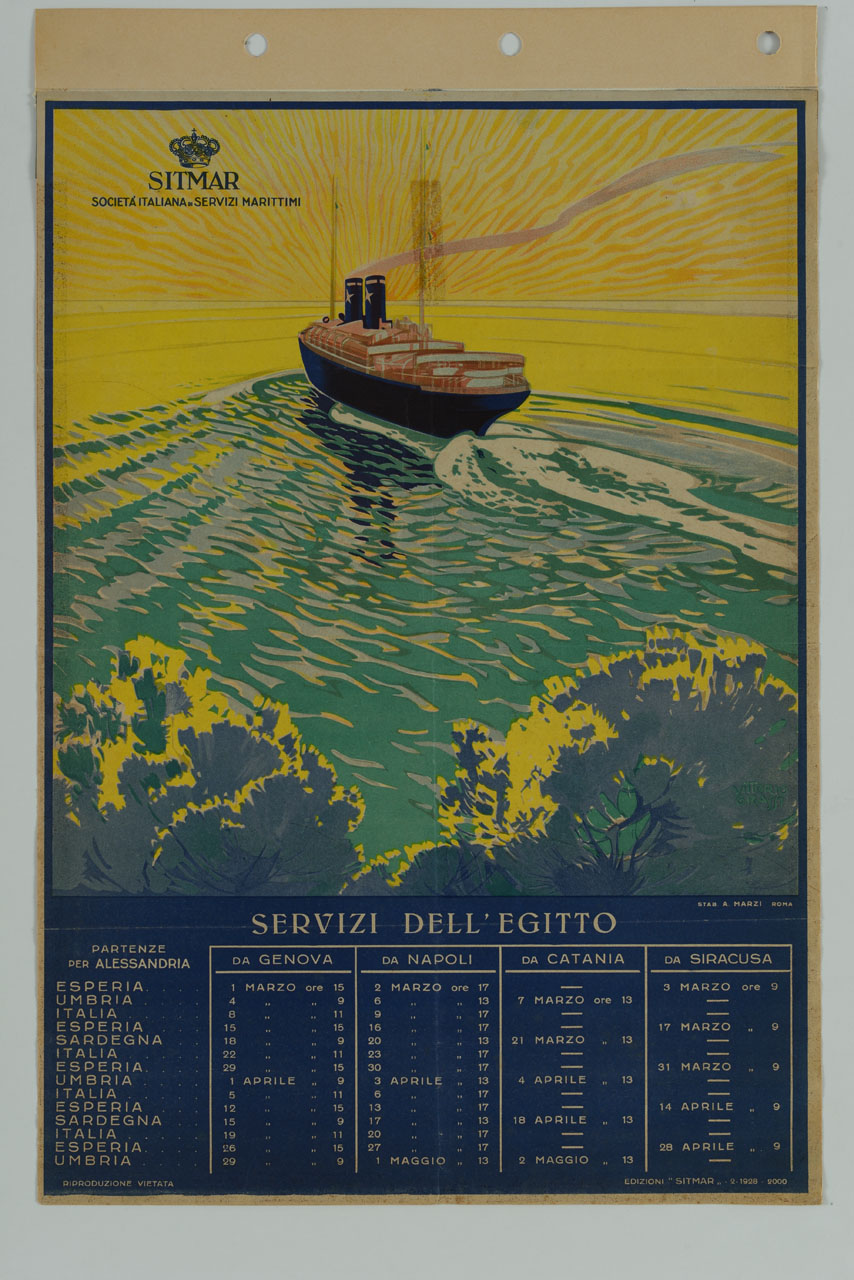 veduta con alberi, mare e nave in navigazione (manifesto) di Grassi Vittorio (sec. XX)