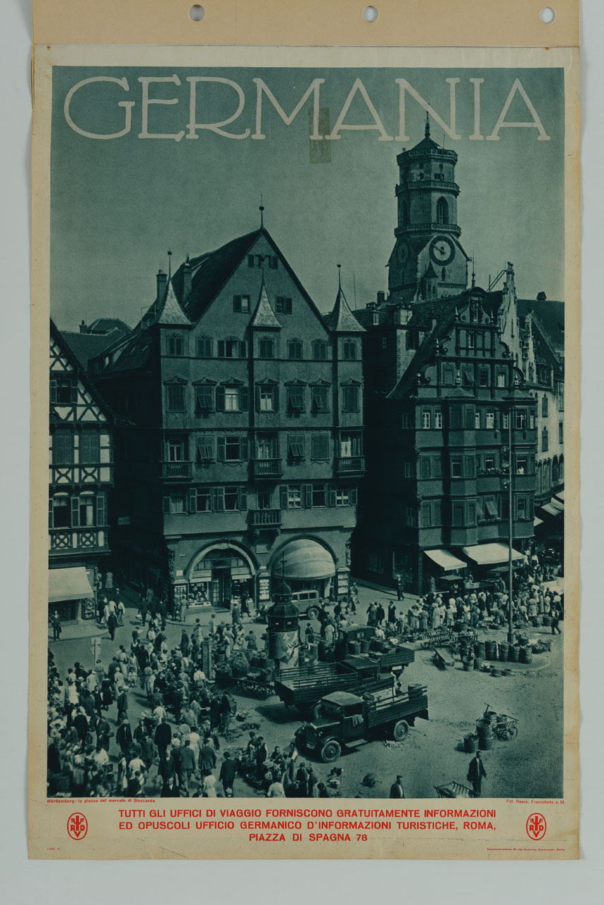 veduta della piazza del mercato di Stoccarda (manifesto) di Reeck - ambito tedesco (metà sec. XX)