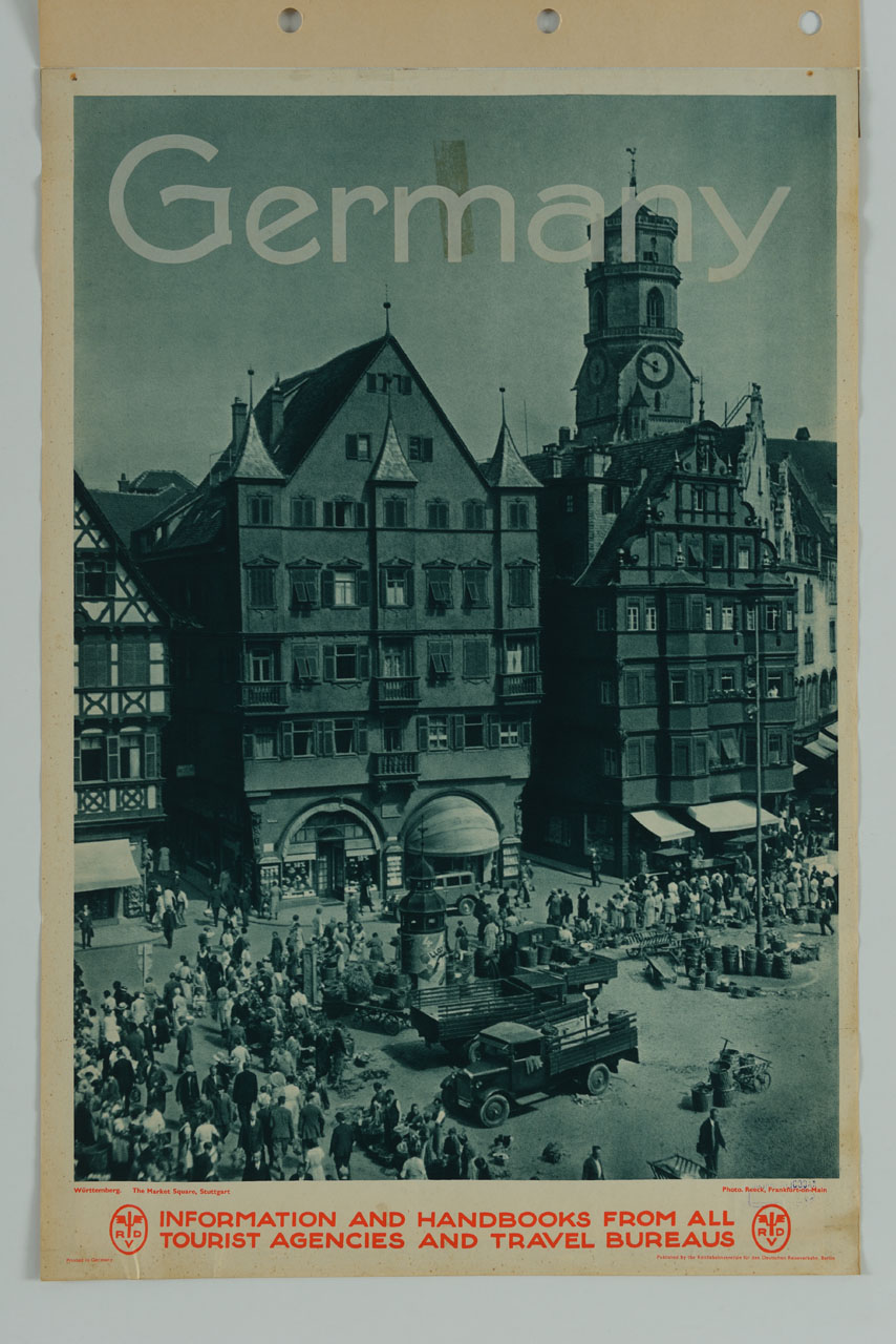 veduta della piazza del mercato di Stoccarda (manifesto) di Reeck - ambito tedesco (metà sec. XX)
