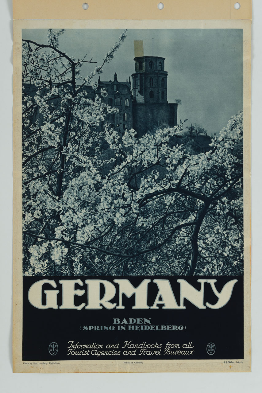 veduta della castello di Heidelberg tra le fioriture primaverili (manifesto) di Trappen A. v. d - ambito tedesco (metà sec. XX)