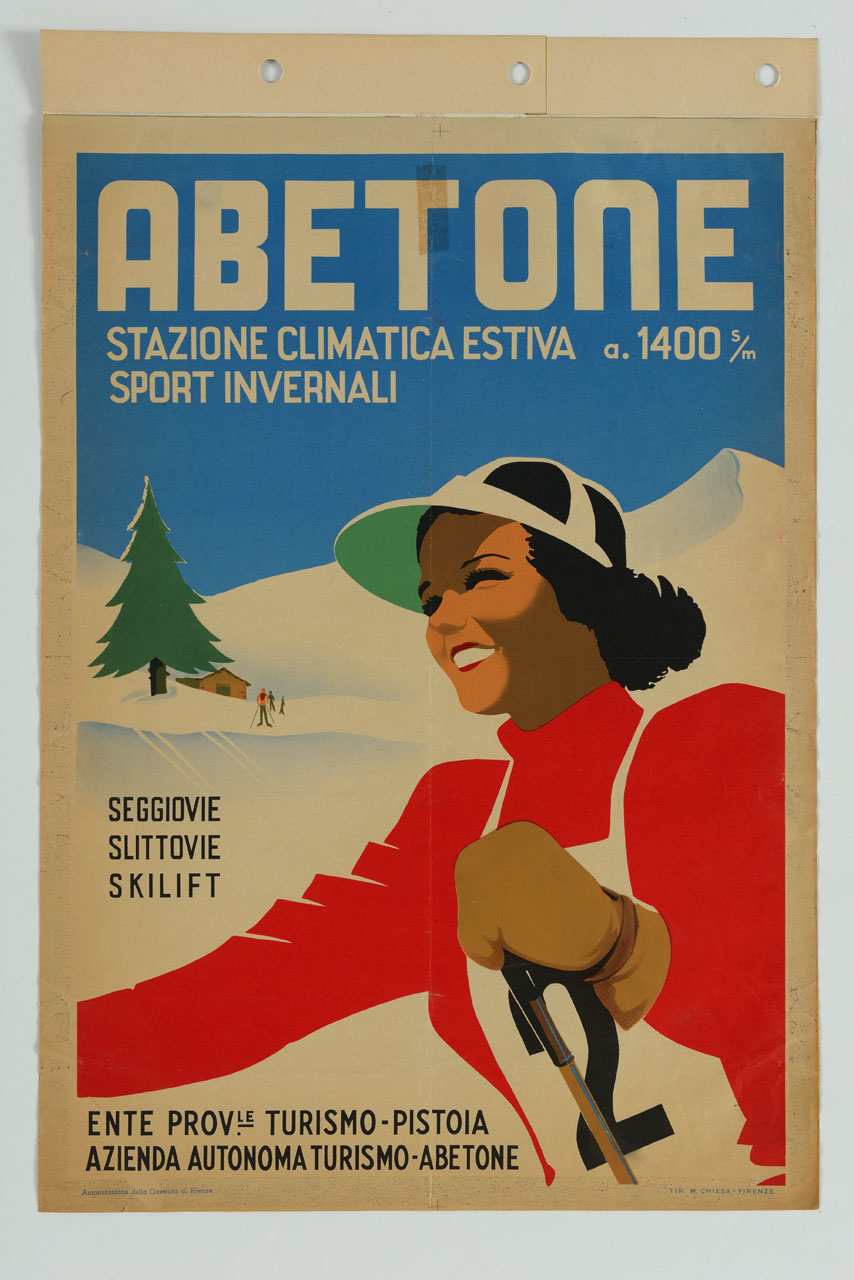 sciatrice sorridente sullo sfondo di una montagna innevata e di una baita (manifesto) - ambito toscano (sec. XX)