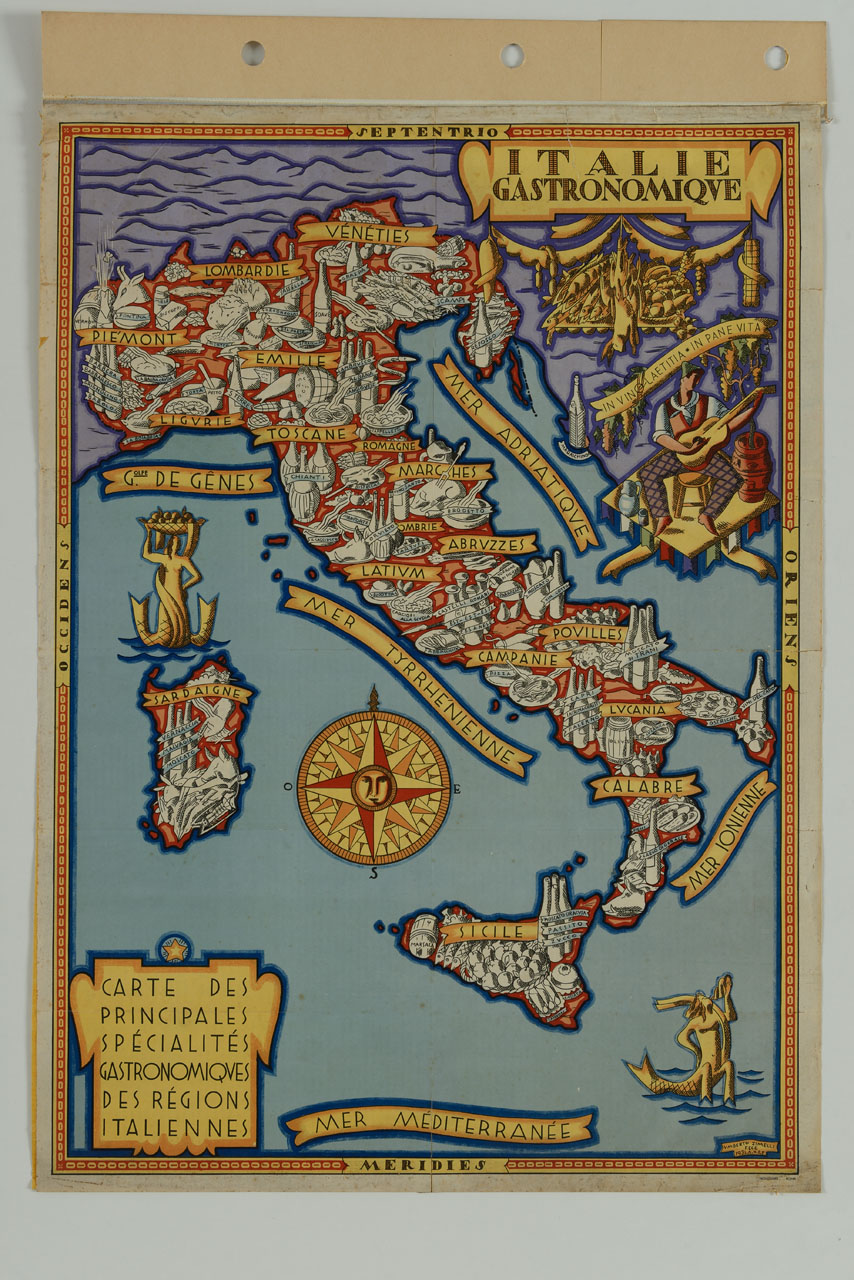 carta dell’Italia con sirene, figura maschile, cibi tipici accompagnati da cartigli bussola (manifesto) di Zimelli Umberto - ambito italiano (sec. XX)