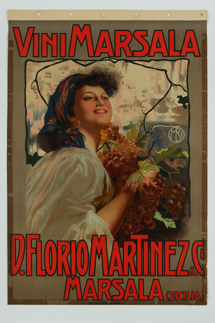giovane donna regge un tralcio di vite con grappoli d'uva (manifesto) di Borgoni Mario (sec. XX)