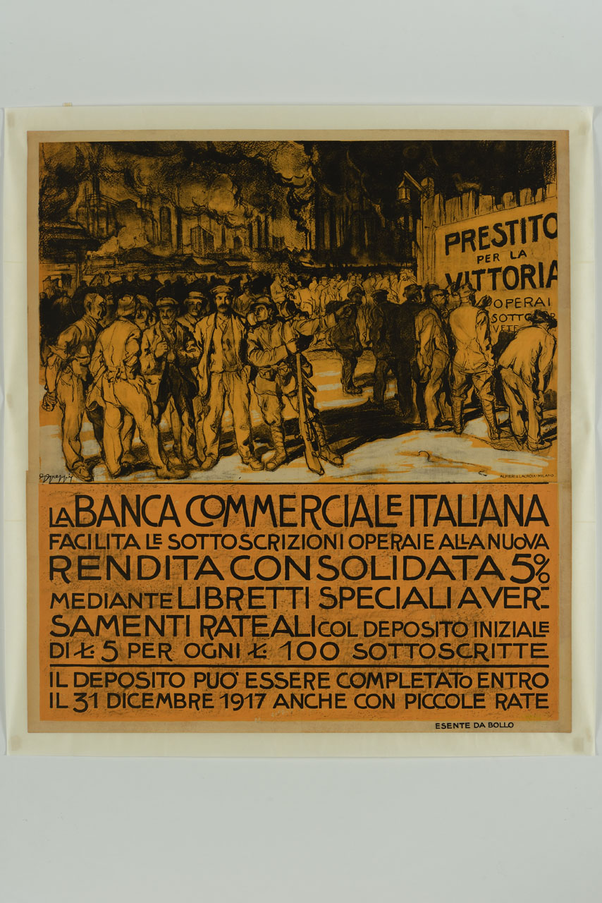 uomini e soldati osservano un manifesto sullo sfondo di una città in fiamme (manifesto, stampa composita) di Greppi Giovanni (sec. XX)