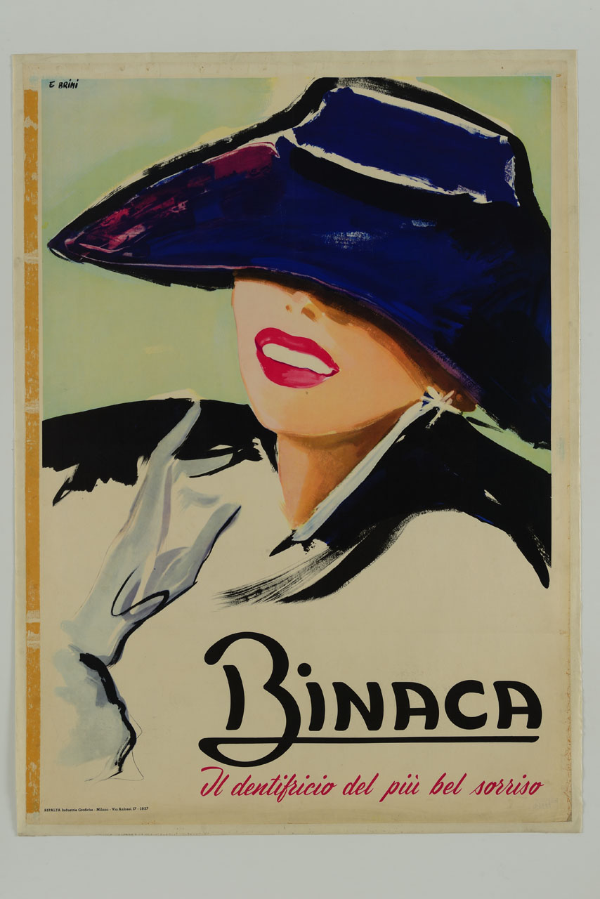 volto di donna sorridente con occhi coperti dal cappello (manifesto) di Brini Ercole (sec. XX)