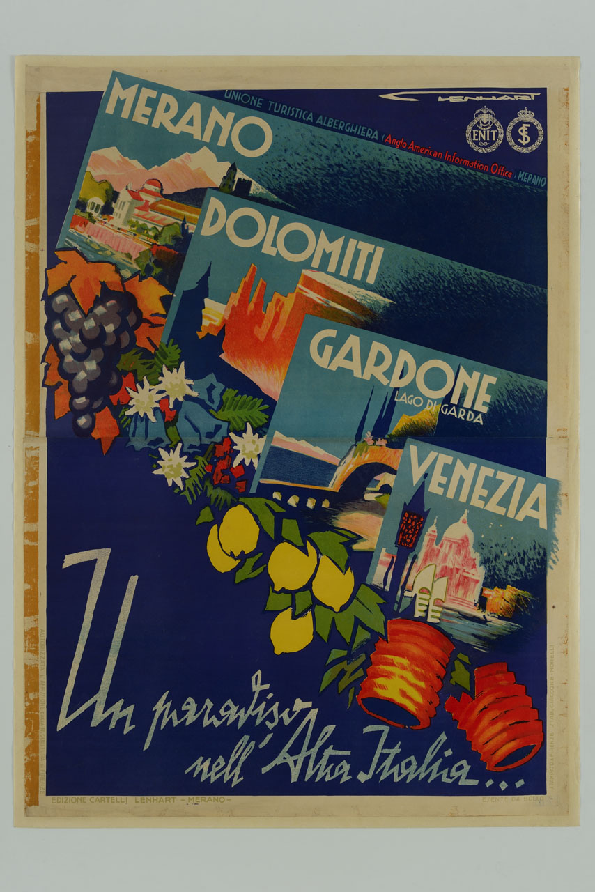Dépliant pubblicitari di località italiane accompagnati da frutta fiori e lanterne (manifesto, stampa composita) di Lenhart Franz (sec. XX)