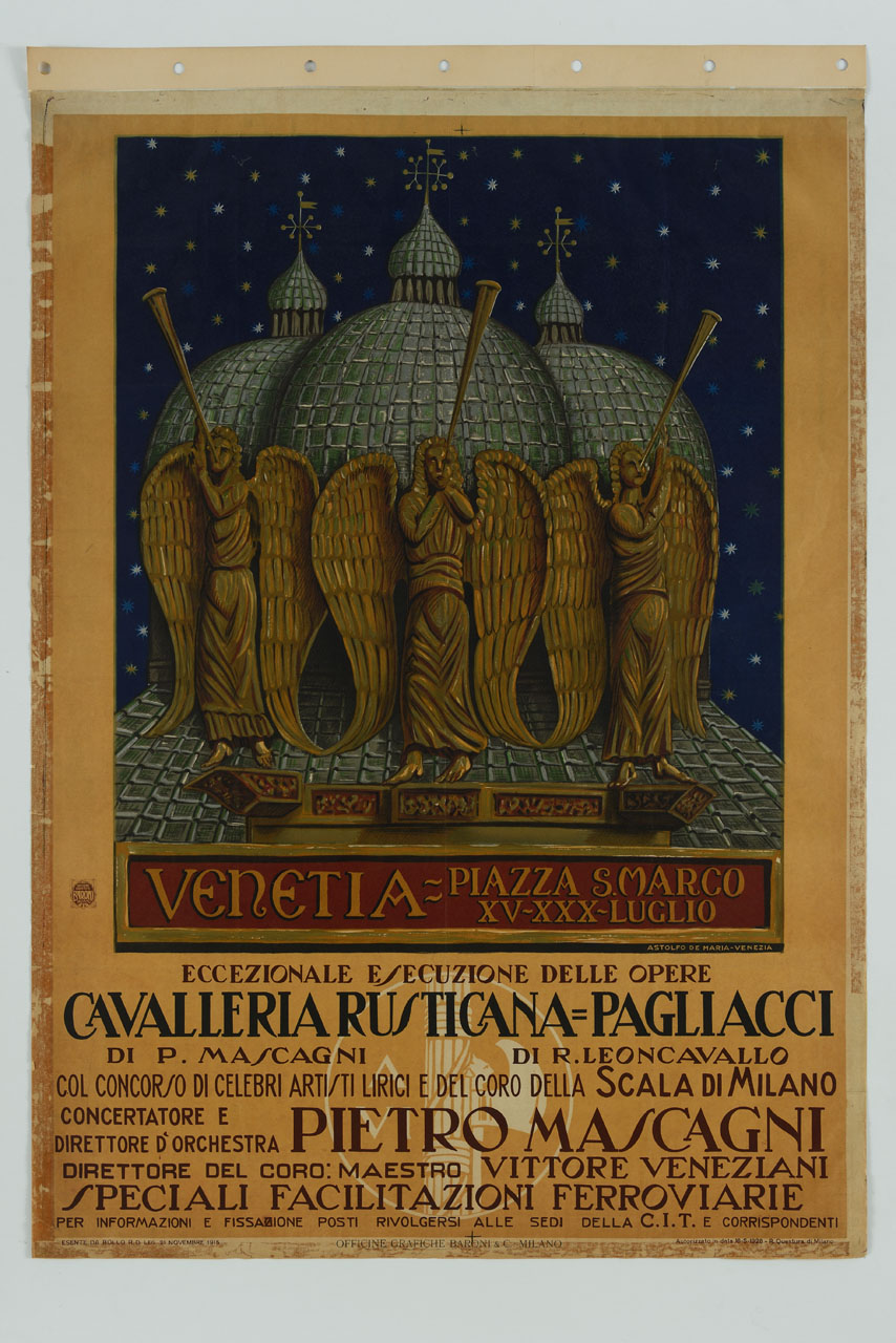 angeli musicanti con trombe dinanzi alle cupole della basilica di San Marco (manifesto) di De Maria Astolfo (sec. XX)