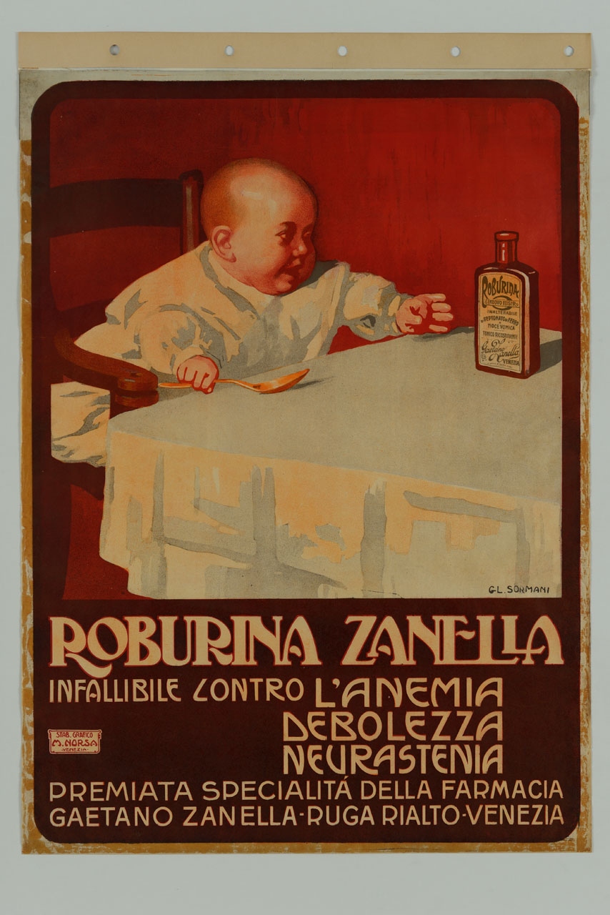 bambino seduto a tavola regge un cucchiaio e si sporge verso una bottiglia (manifesto) di Sormani Gian Luciano (sec. XX)