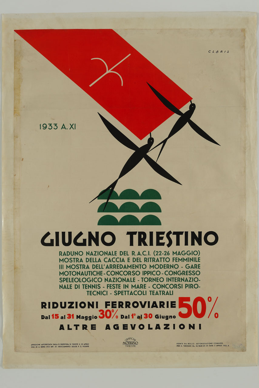 rondini tengono con il becco la bandiera di Trieste (manifesto) di Claris Marcello (sec. XX)