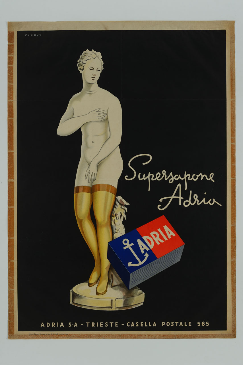 statua di Venere pudica con calze autoreggenti e scatola di sapone (manifesto) di Claris Marcello (sec. XX)