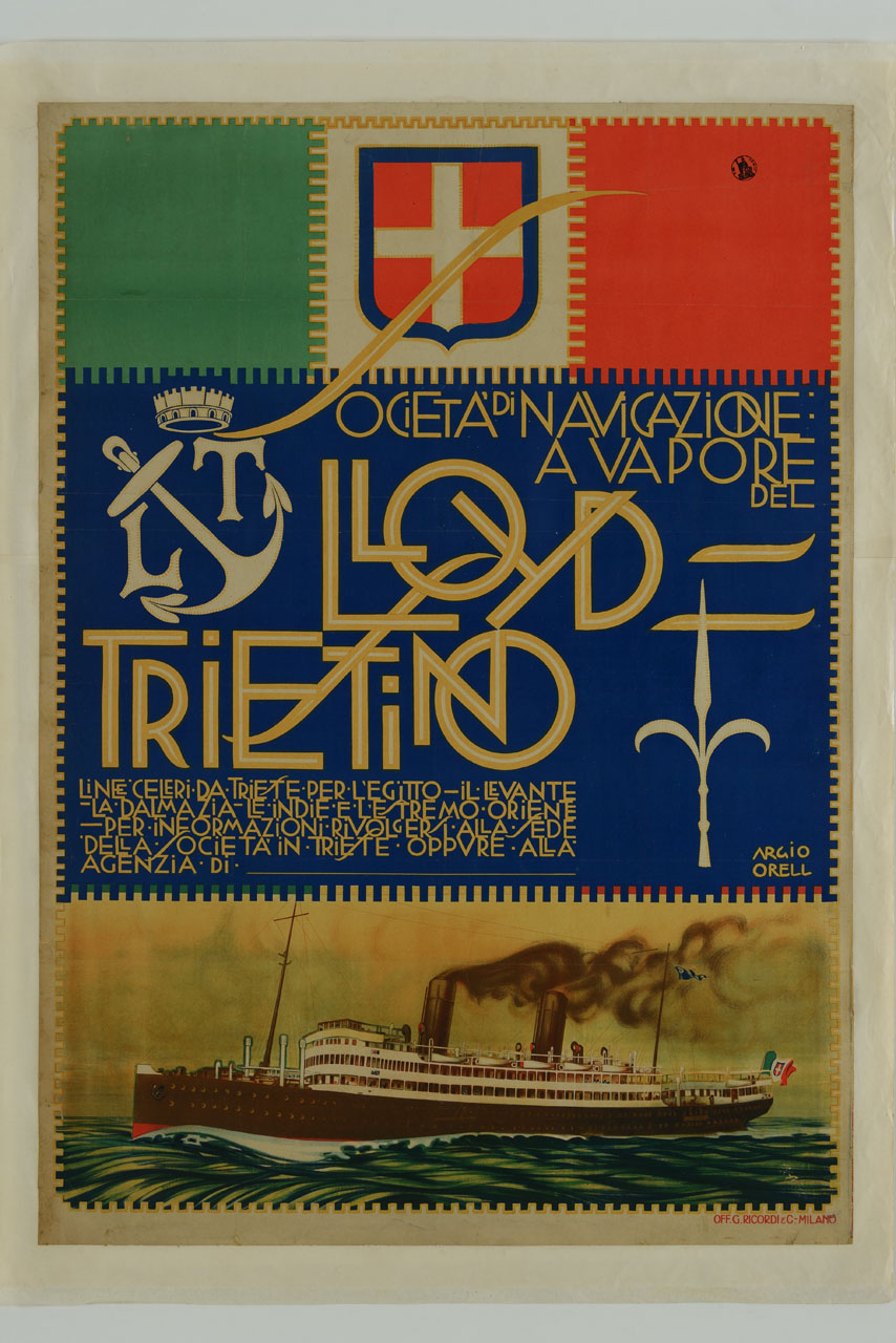 piroscafo in navigazione e bandiere italiana e del Lloyd Triestino (manifesto) di Orell Argio (sec. XX)