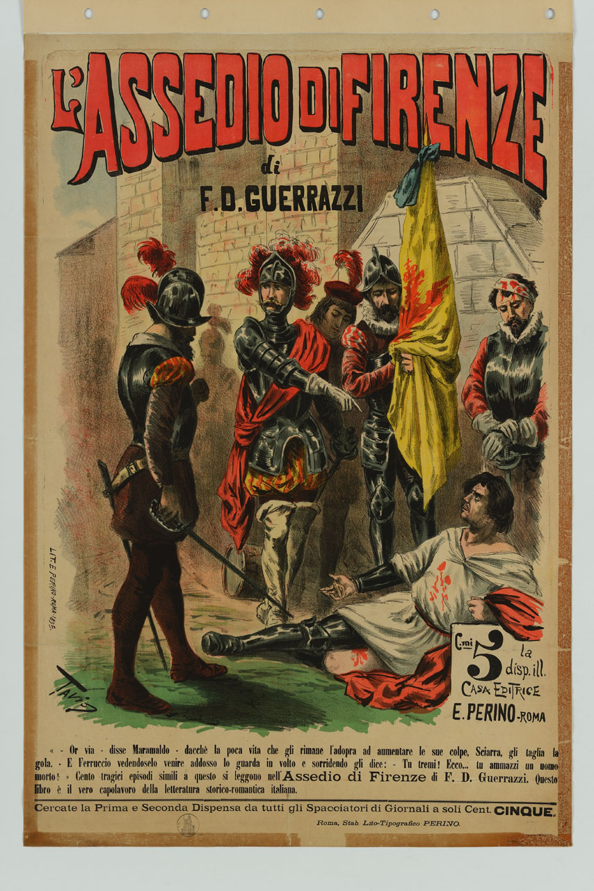 soldati vincitori indicano un nemico ferito a terra (manifesto) di Rodella Ottavio detto Tavio (sec. XIX)