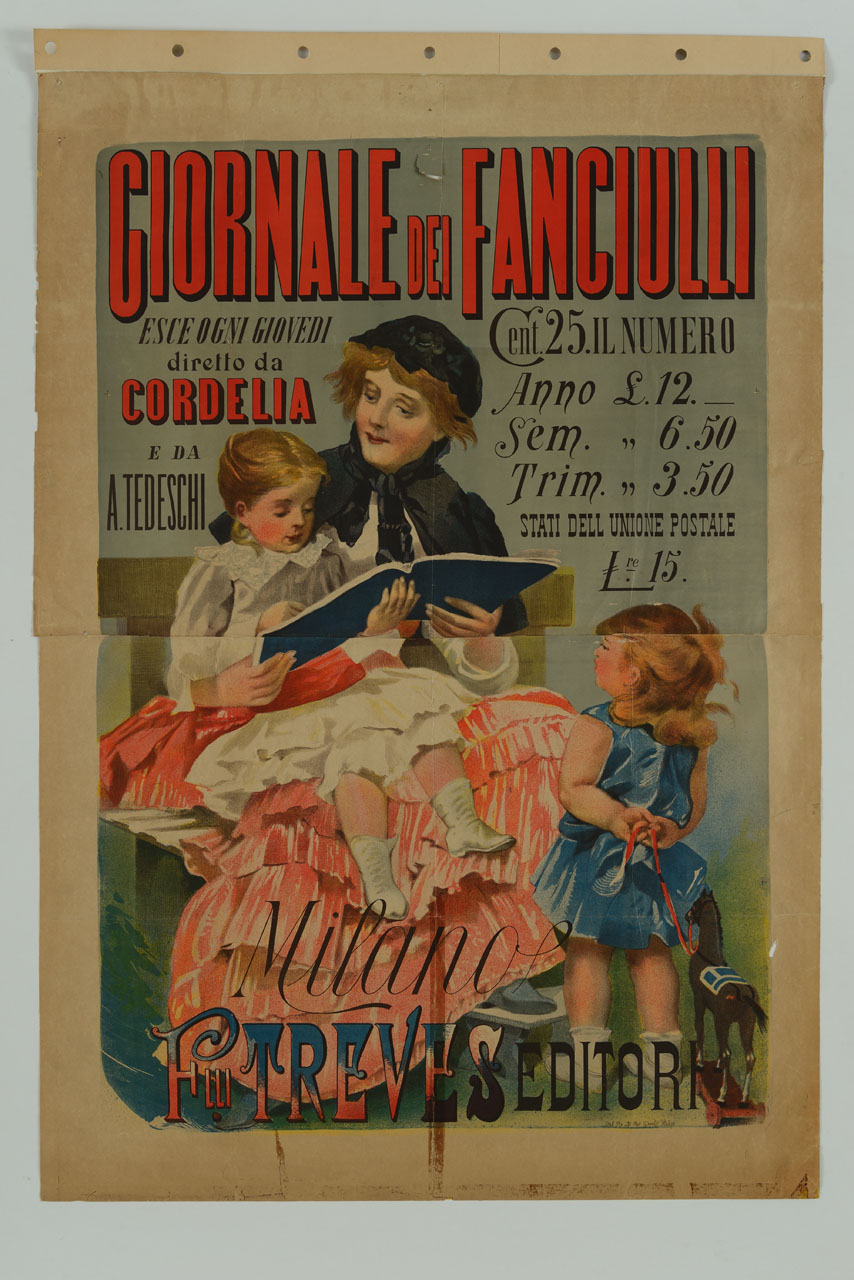 mamma e bambina guardano una pubblicazione osservate da una seconda bambina (manifesto, stampa composita) - ambito italiano (sec. XIX)