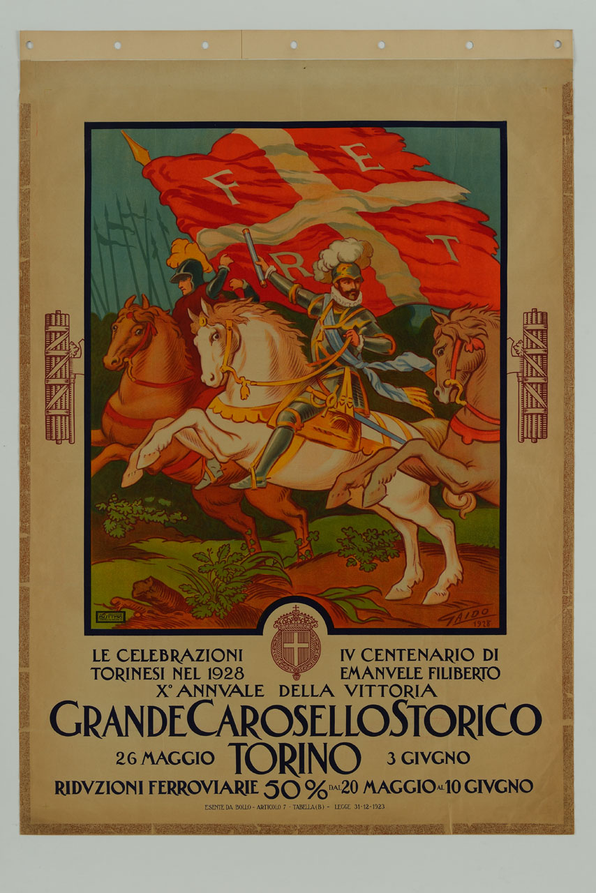 soldati in armatura su cavalli impennati con grande bandiera sabauda (manifesto) di Gaido Domenico - ambito italiano (sec. XX)