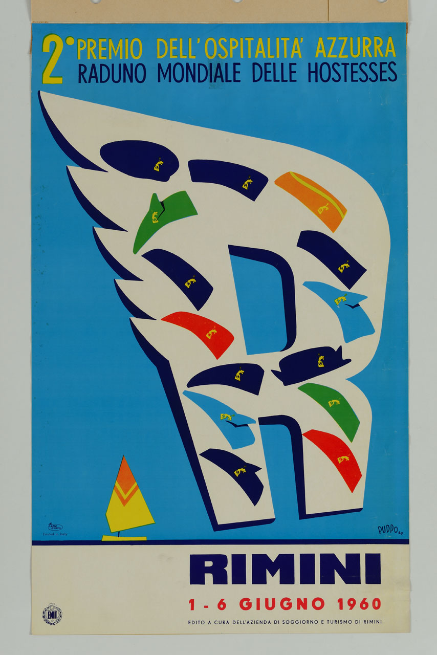 barca a vela stilizzata sovrastata da una enorme lettera R seminata di bandiere con figura di Nettuno (manifesto) di Puppo Mario (sec. XX)