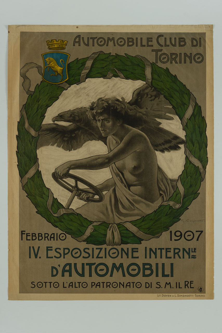 giovane donna al volante accompagnata da un'aquila entro ghirlanda di alloro (manifesto) di Carpanetto Giovanni Battista (sec. XX)