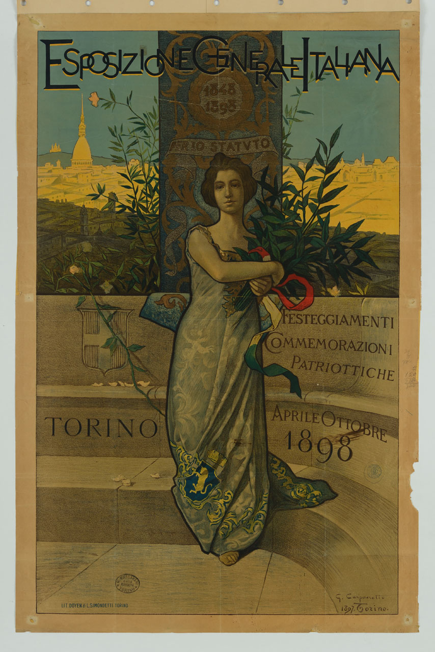 donna con fascio d'alloro legato da nastro tricolore davanti a drappo e alla veduta di Torino (manifesto, stampa composita) di Carpanetto Giovanni Battista (sec. XIX)