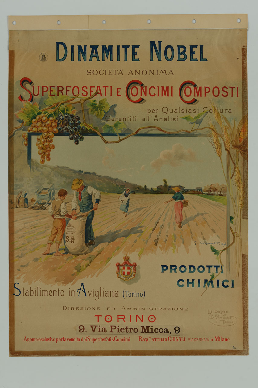 contadini spargono prodotti chimici nei campi (manifesto) di Carpanetto Giovanni Battista (sec. XIX)