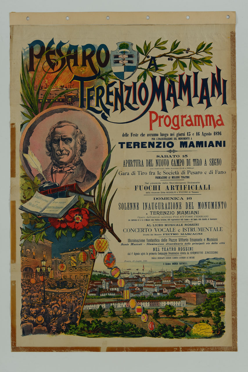 vedute di Pesaro e tondo con ritratto a mezzo busto di Terenzio Mamiani (manifesto) - ambito italiano (sec. XIX)