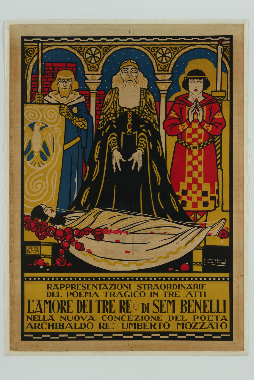 Manfredo, Archibaldo e Avito presso il cataletto dove è disteso il cadavere di Fiora (manifesto) di Nicco Carlo Emilio (sec. XX)