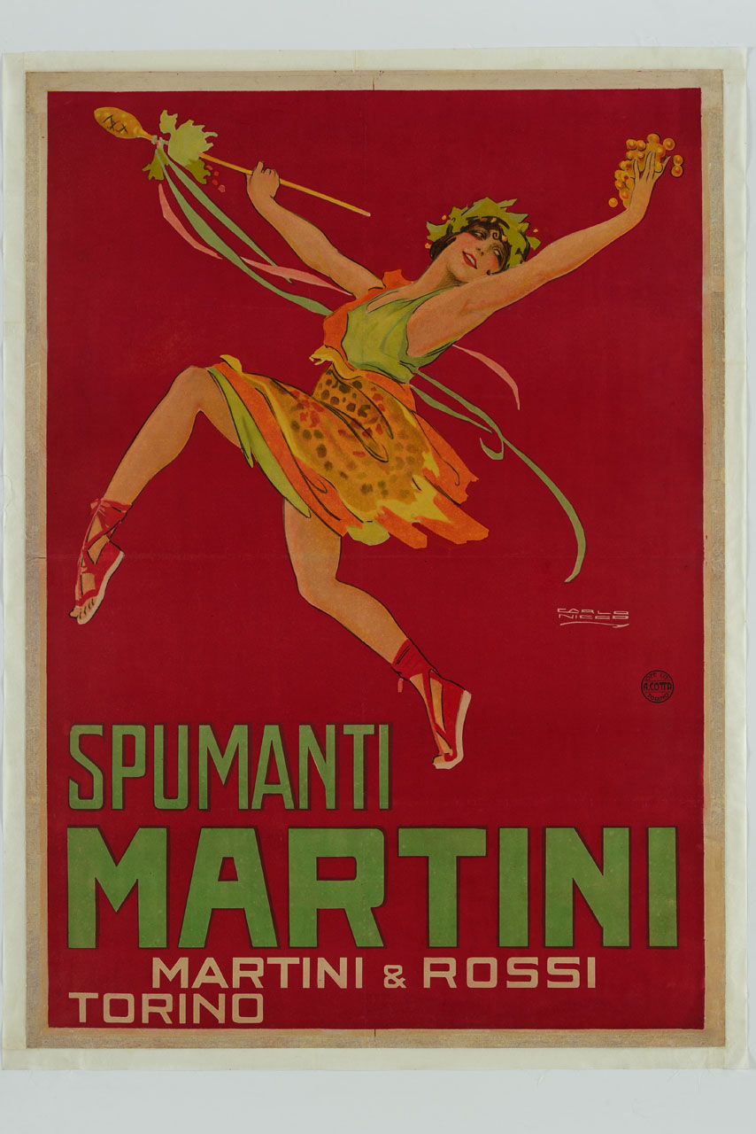 danzatrice con mazza e grappolo d'uva (manifesto) di Nicco Carlo Emilio (sec. XX)