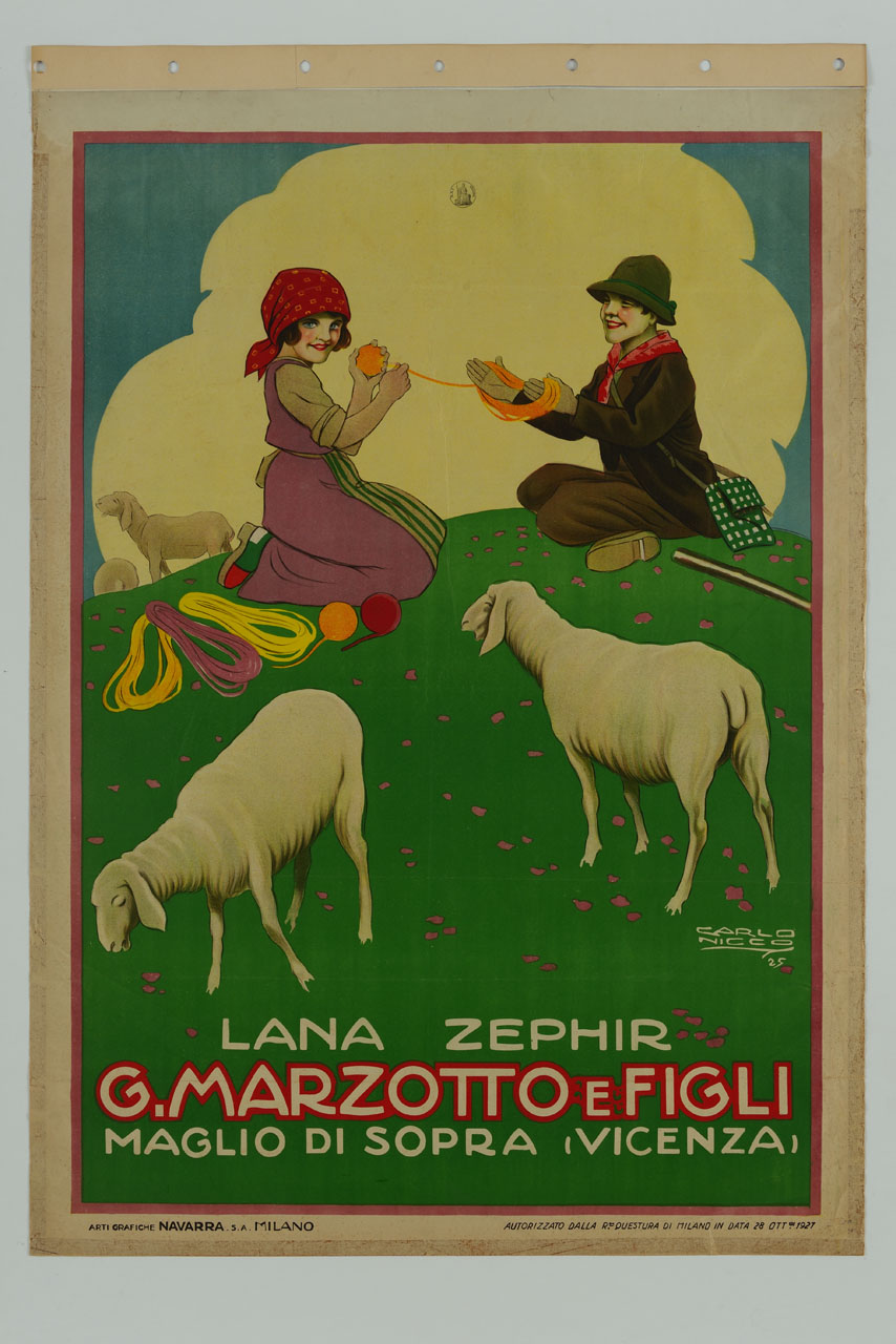 pastorella avvolge in gomitolo la lana di una matassa tenuta da un pastorello e pecore al pascolo su un prato (manifesto) di Nicco Carlo Emilio (sec. XX)