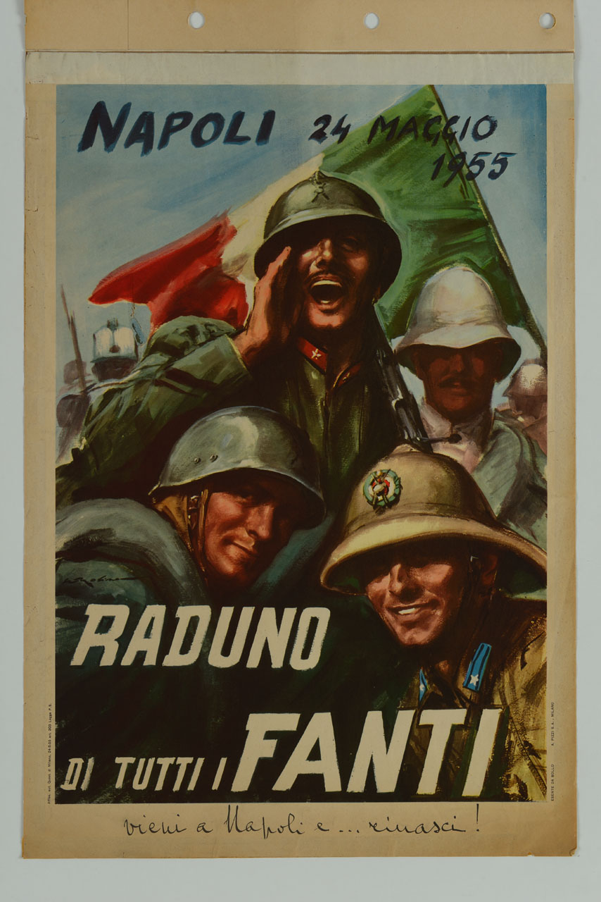gruppo di soldati di diverse forze armate sullo sfondo della bandiera tricolore italiana (manifesto) di Molino Walter detto J.W. Symes (sec. XX)