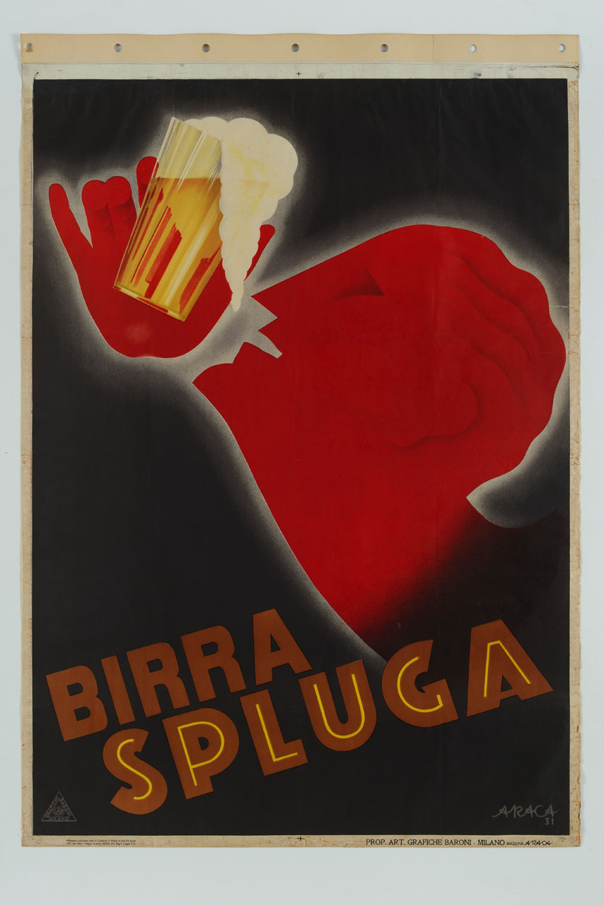 volto maschile di profilo rivolto al bicchiere di birra retto da una mano (manifesto) di Forlivesi Montanari Enzo detto Araca (sec. XX)