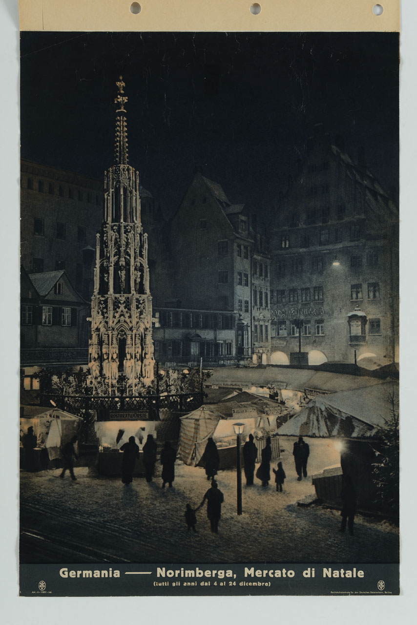 veduta di Norimberga con le bancarelle del Mercato di Natale (manifesto) - ambito tedesco (prima metà sec. XX)