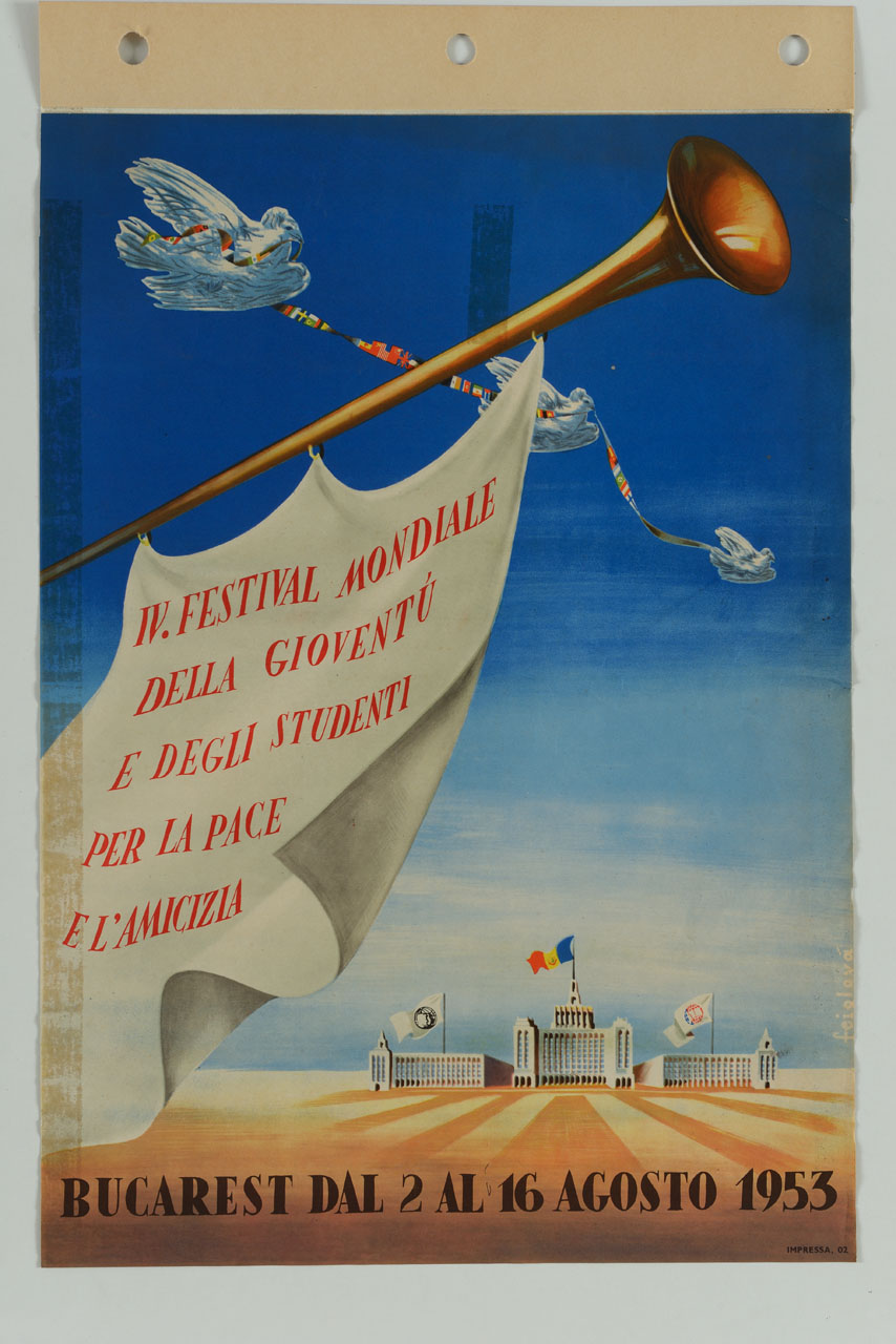 tre colombe volano verso il Parlamento rumeno portando nel becco un nastro fatto di bandiere mentre una tromba squilla (locandina) - ambito rumeno (sec. XX)