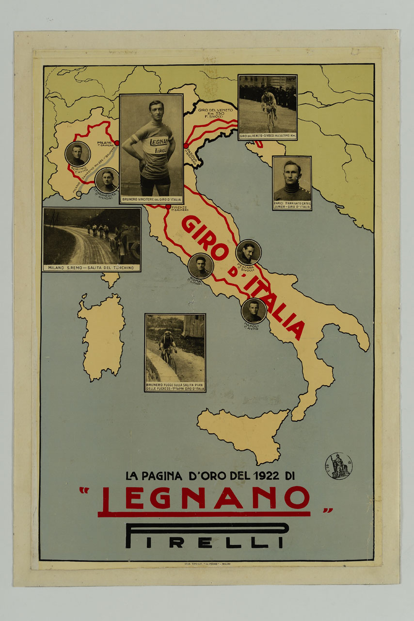 cartina geografica dell'Italia costellata di fotografie di ciclisti in corrispondenza delle tappe del Giro d'Italia (manifesto) - ambito italiano (prima metà sec. XX)