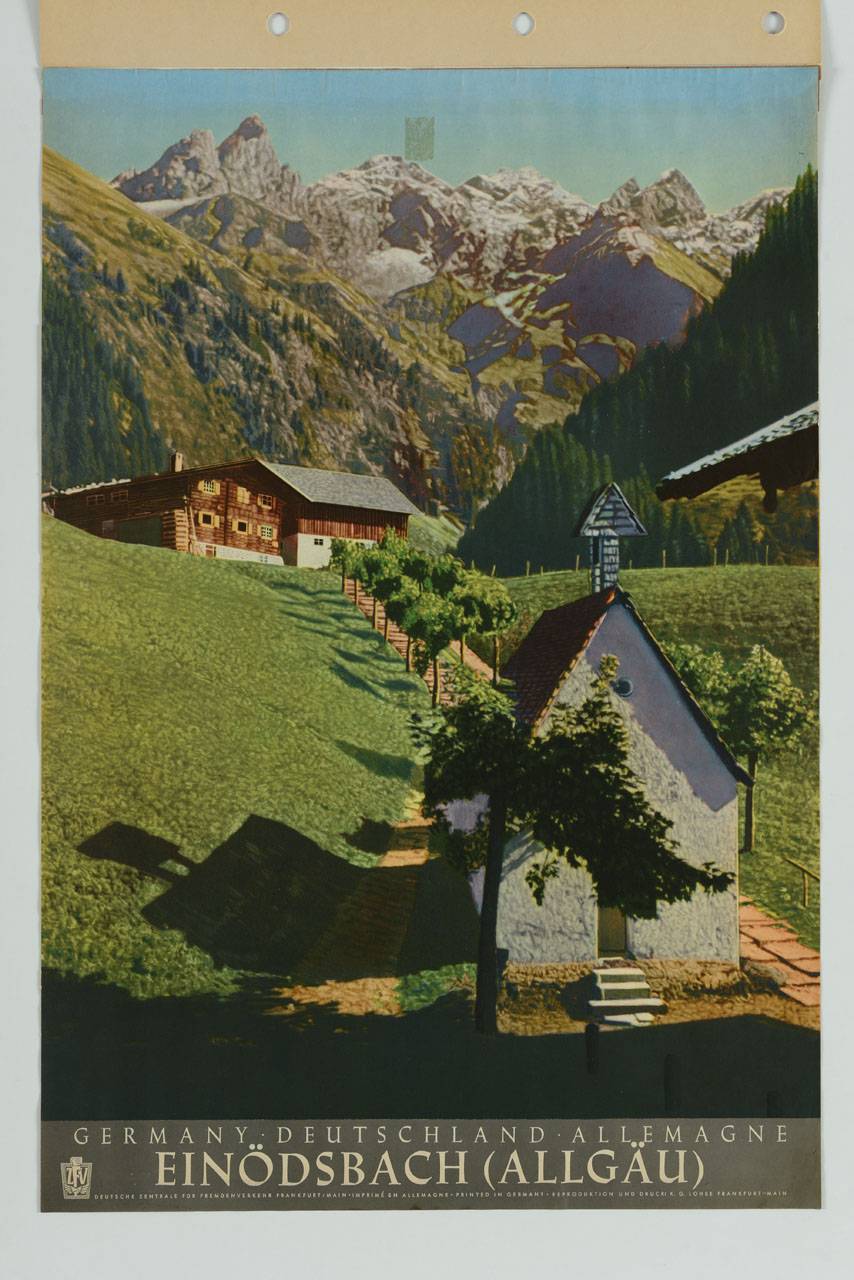 veduta di baite e alberi sullo sfondo di una montagna innevata (manifesto) - ambito tedesco (sec. XX)