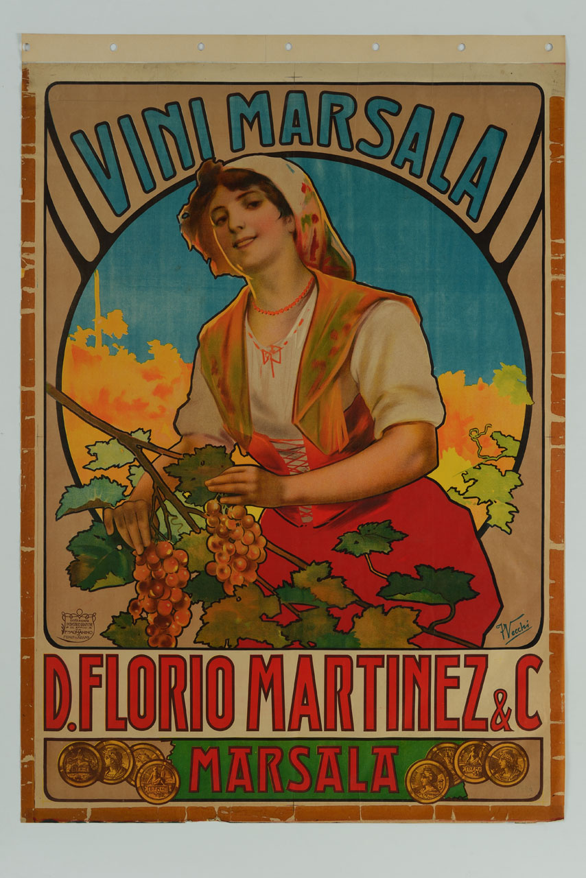 donna in costume tradizionale tiene un tralcio di vite con grappoli d'uva (manifesto) di Vecchi F (sec. XX)
